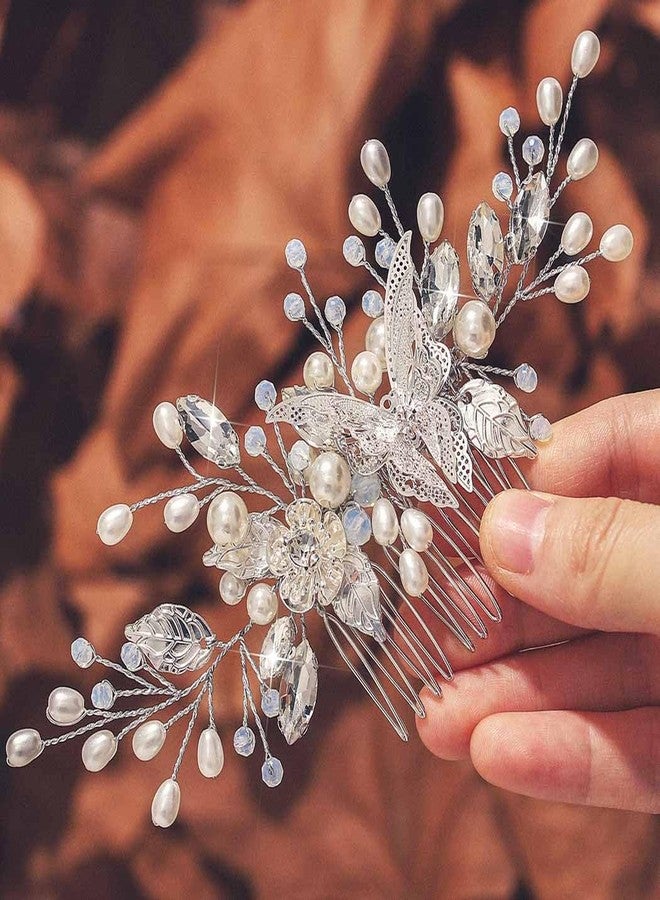 JEAIRTS Butterfly Wedding Hair Comb Pearl Bridal Hair Pieces Sparkly Crystal Hair Accessories for Women (1-Silver) - Image 4